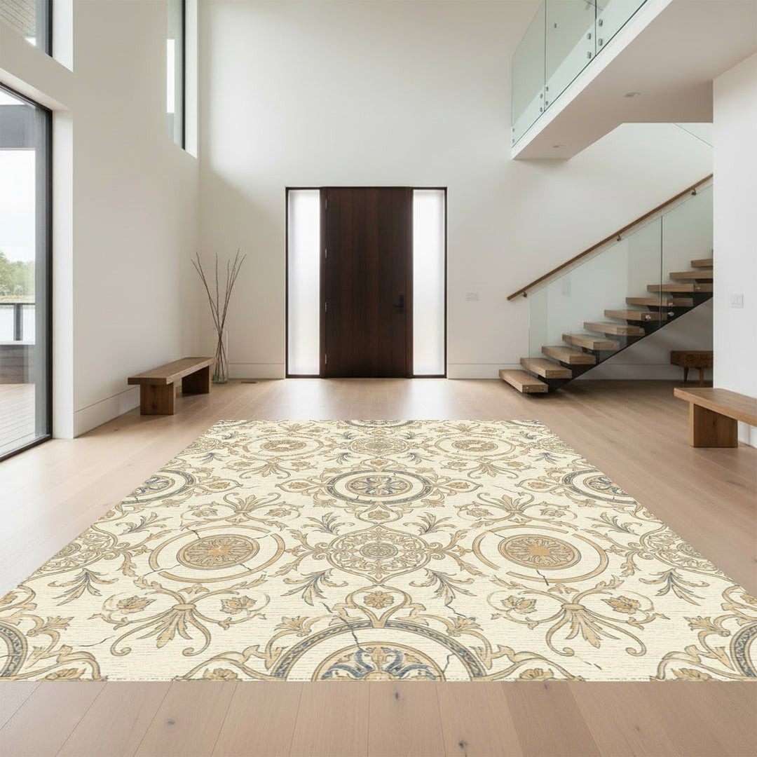 Aged Cream Gold Medallion Scrollwork Repeating Rug