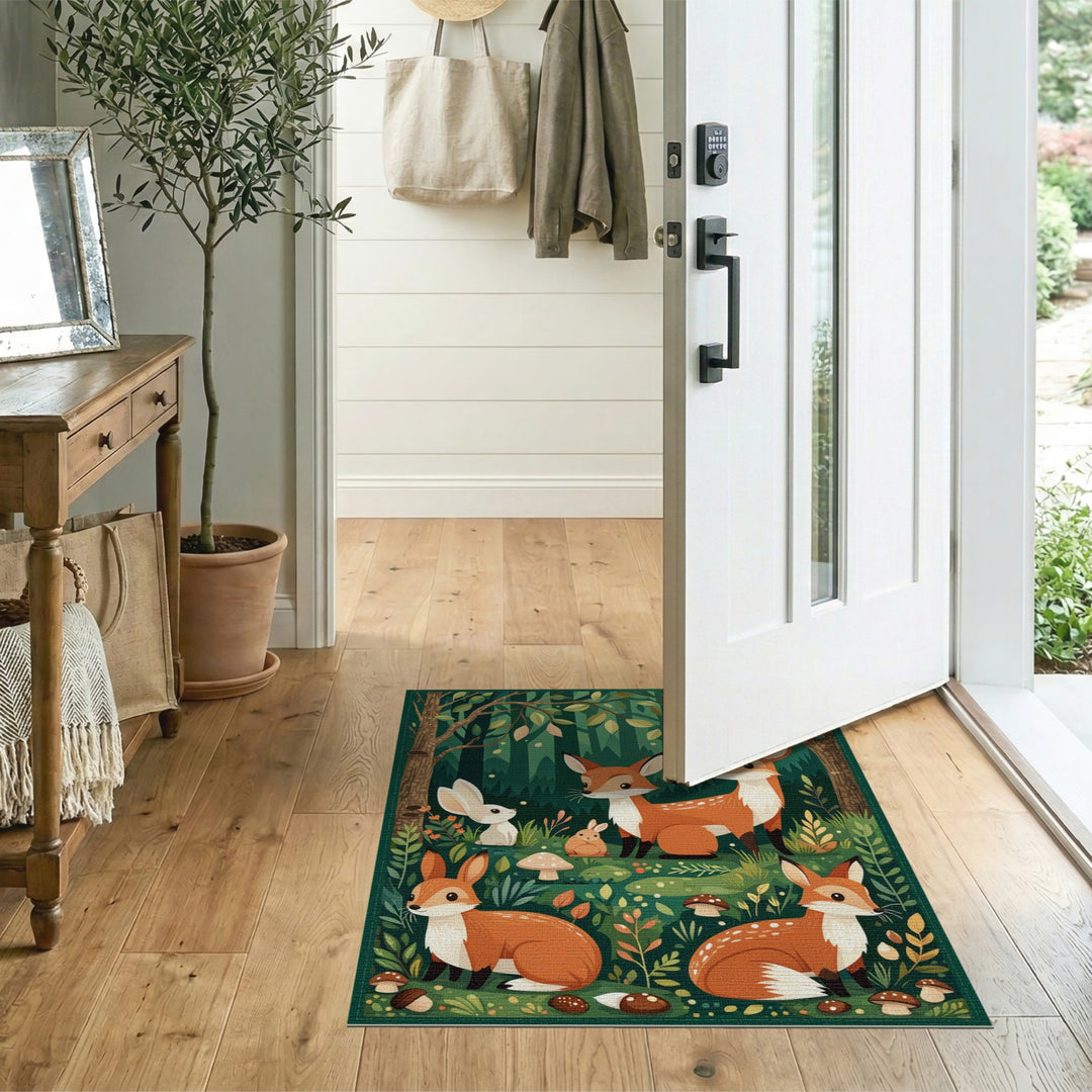 Kids Cartoon Forest Foxes Area Rug
