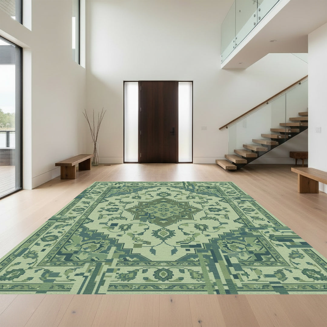 Muted Green Pixelated Floral Medallion Rug