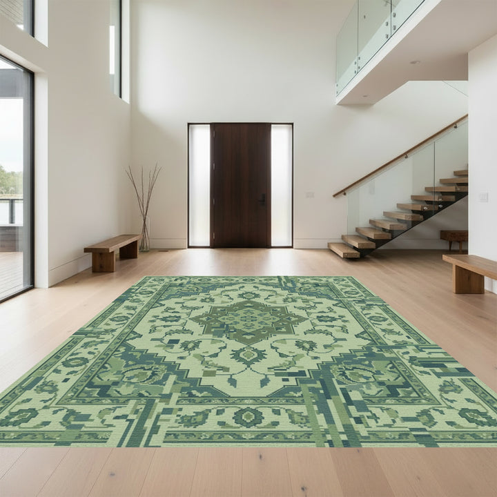 Muted Green Pixelated Floral Medallion Rug