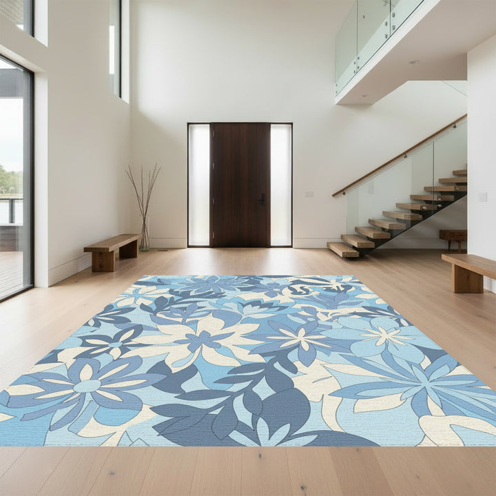 Retro Blue Floral Garden Rug