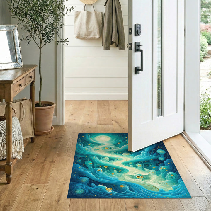 Mystic Skull Wave Blue Teal Area Rug