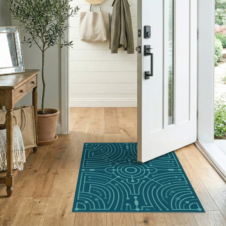 Teal Geometric Circuit Area Rug