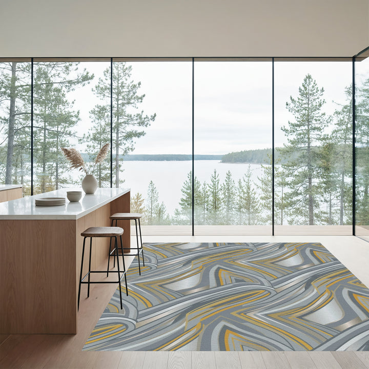 Modern Gray Gold Wavy Stripe Rug