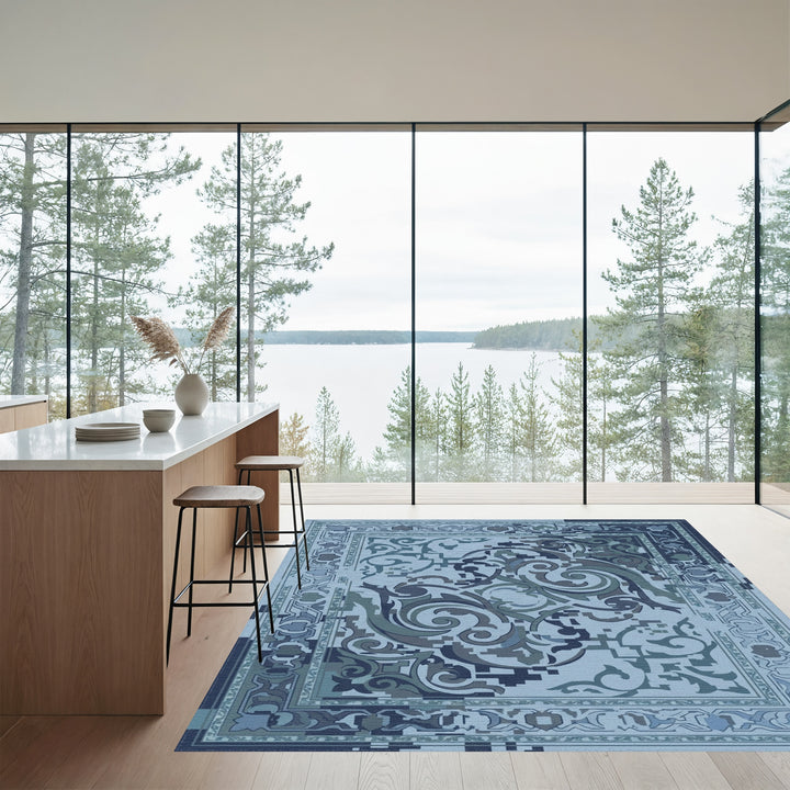 Abstract Blue Filigree Swirl Medallion Rug