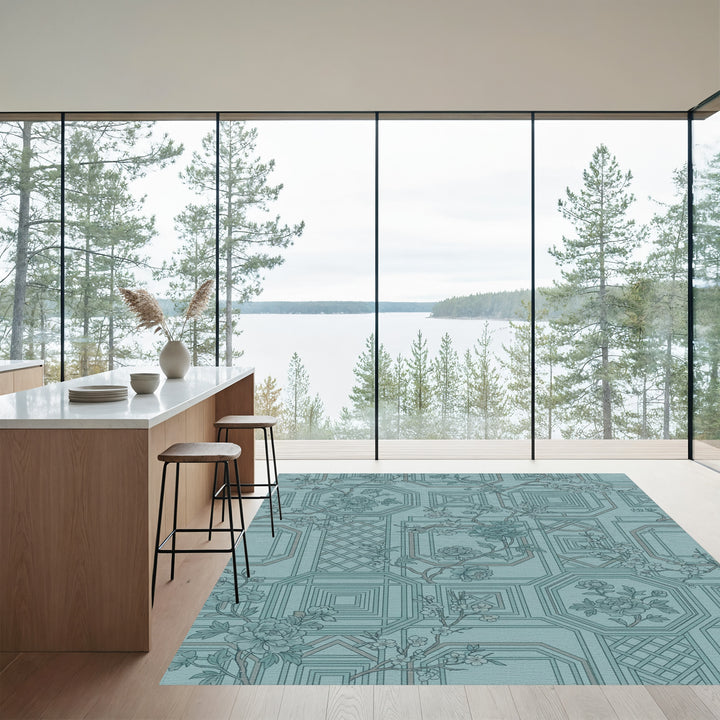 Teal Blossoms Geometric Lattice Rug