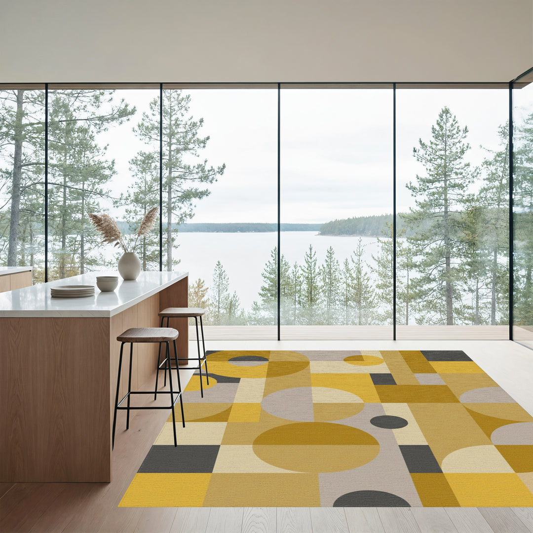 Mustard Yellow Geometric Circles Squares Rug