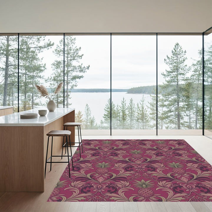 Crimson Pineapple Damask Floral Rug