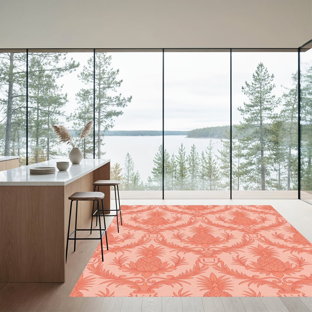 Coral Pineapple Damask Scroll Rug