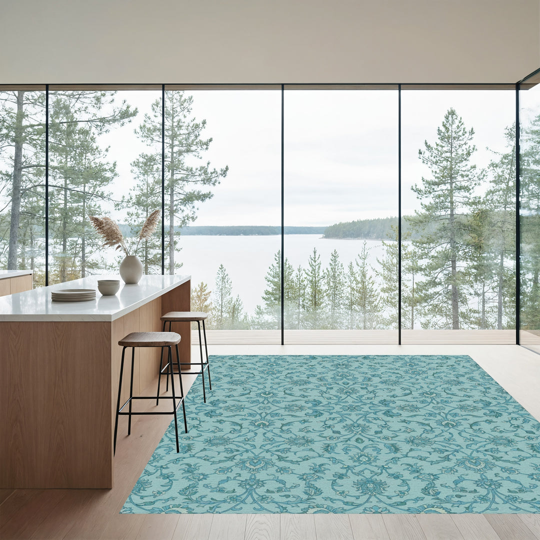 Aqua Blue Floral Lace Vine Rug