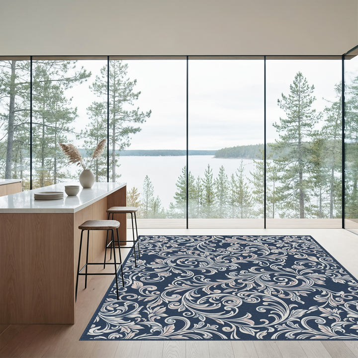 Dark Blue Scrollwork Floral Tapestry Rug