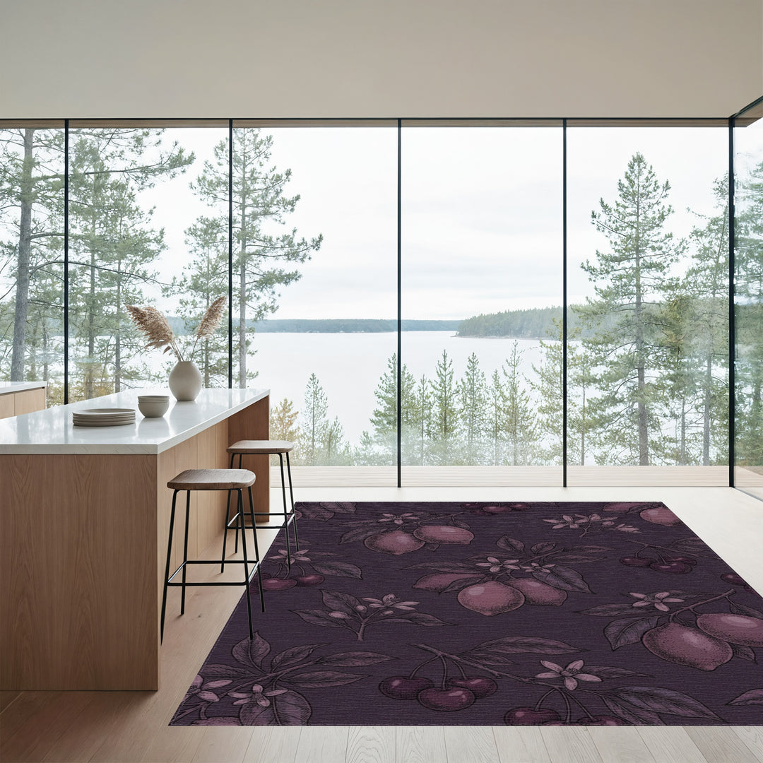 Dark Plum Cherry Lemon Botanical Illustration Rug