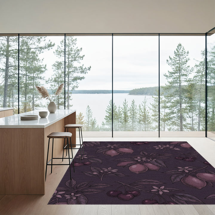 Dark Plum Cherry Lemon Botanical Illustration Rug