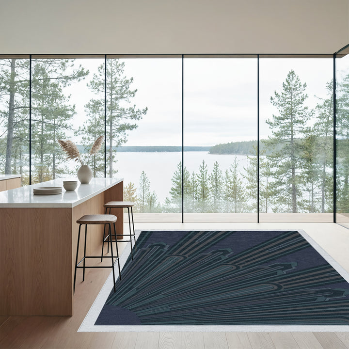 Art Deco Navy Sunburst Rays Rug