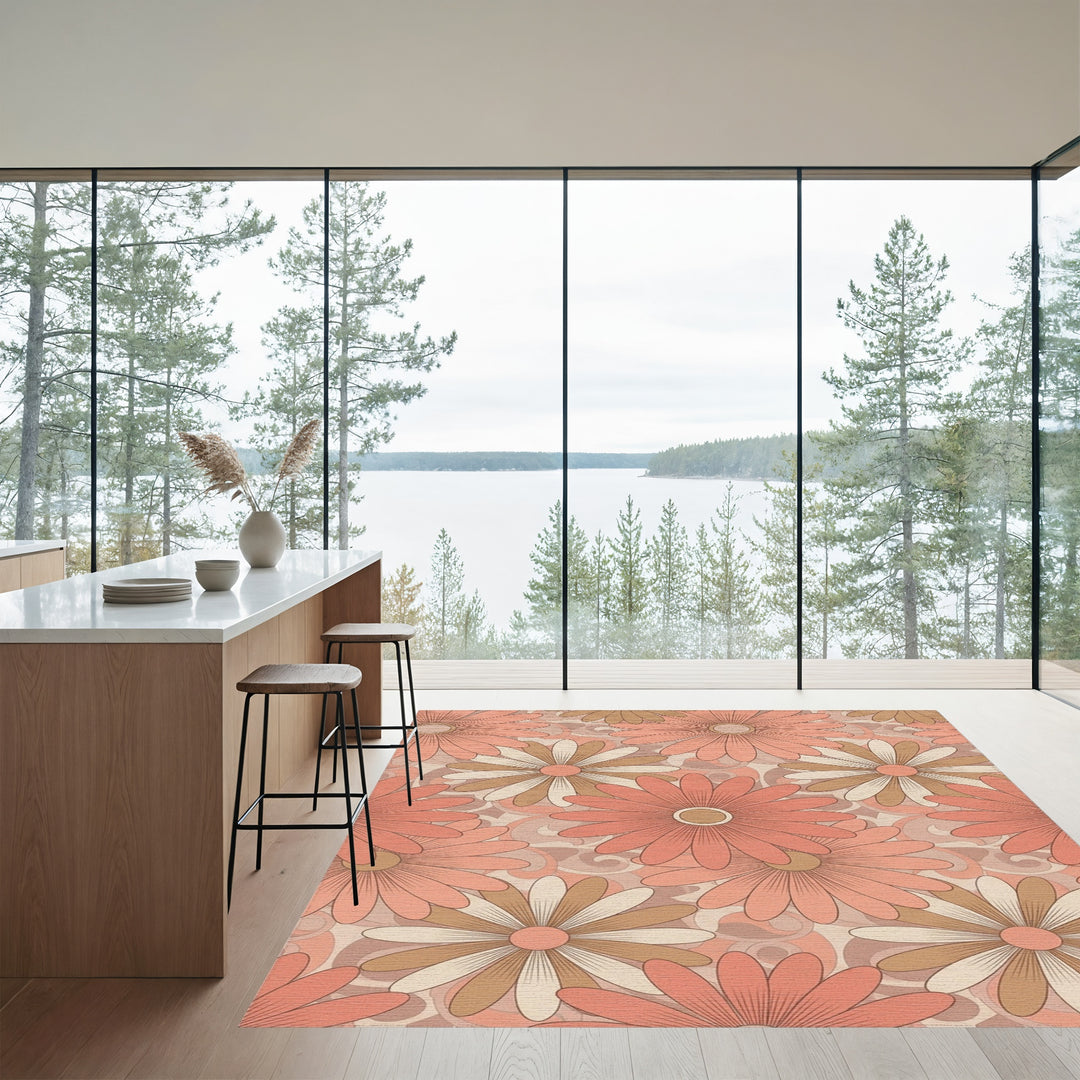 Retro Coral Daisy Swirl Rug