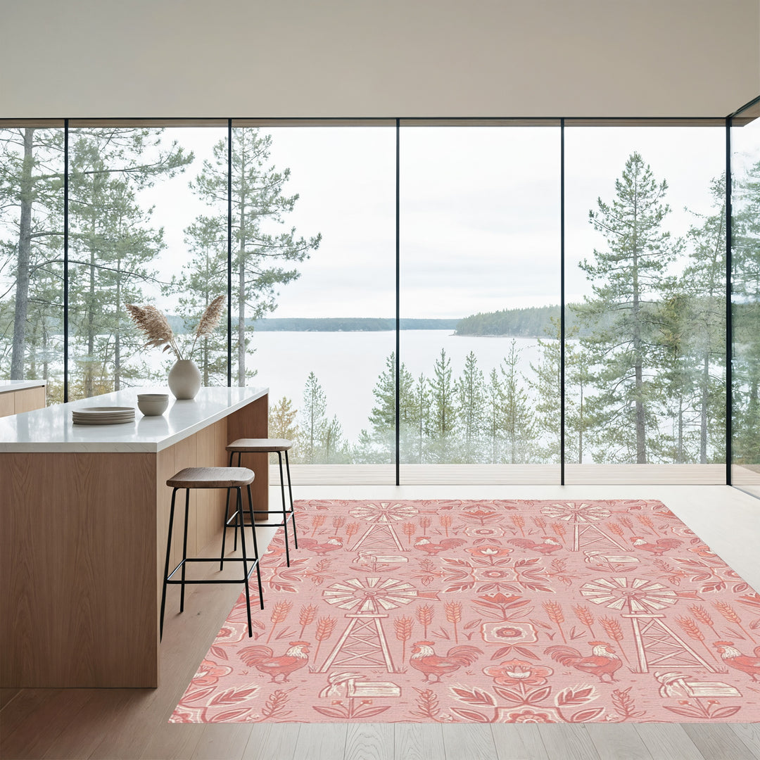 Farmhouse Pink Rooster Windmill Floral Rug