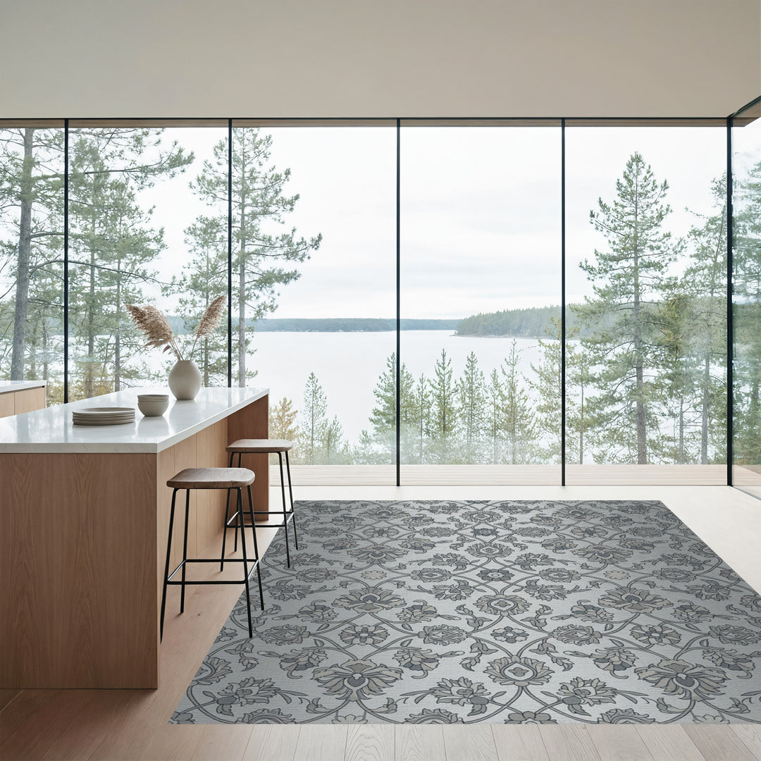 Silver Gray Vintage Floral Damask Rug