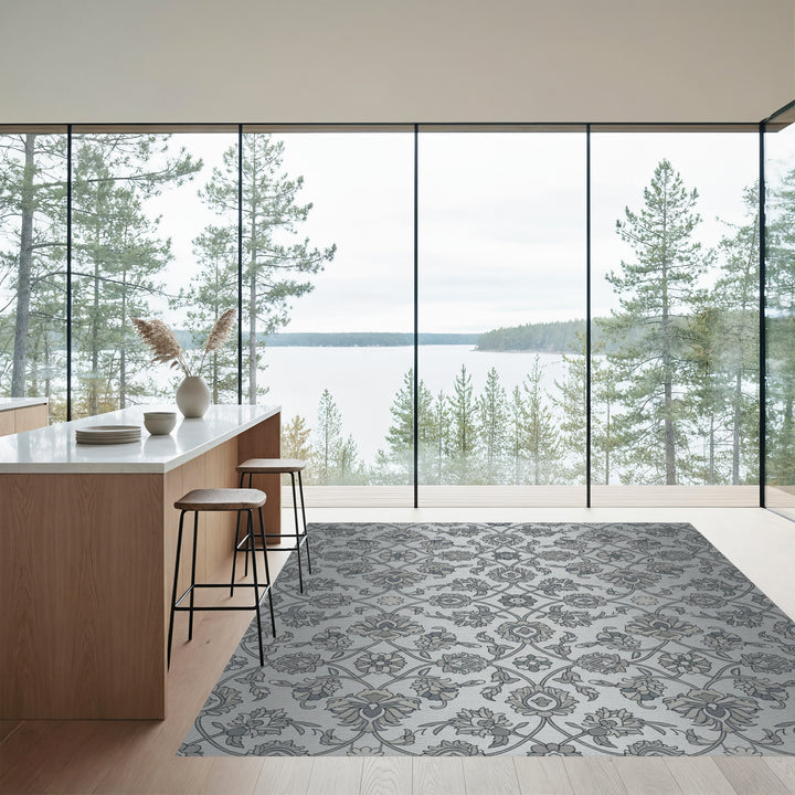 Silver Gray Vintage Floral Damask Rug