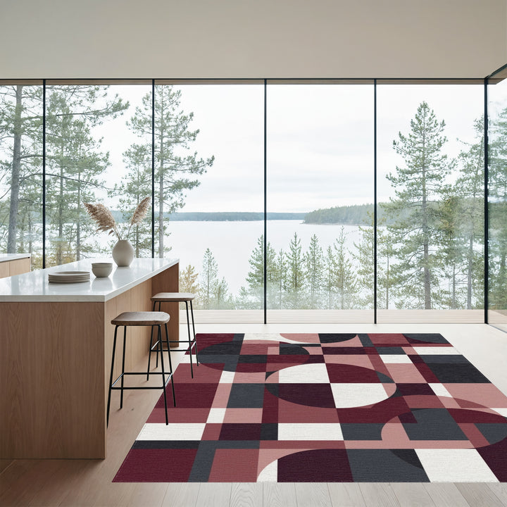 Geometric Crimson Circles Squares Rug