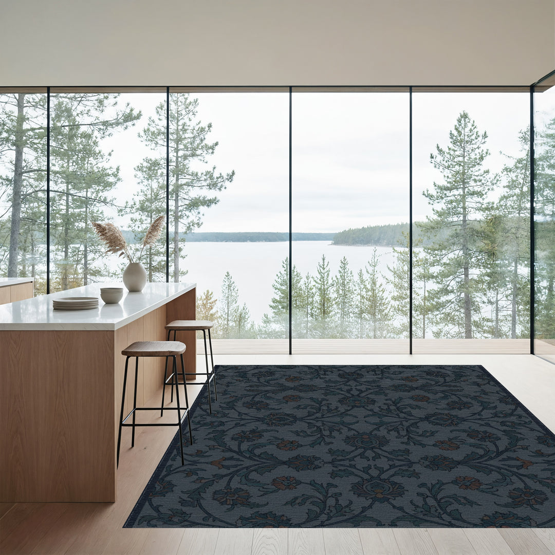 Dark Teal Floral Scrollwork Rug