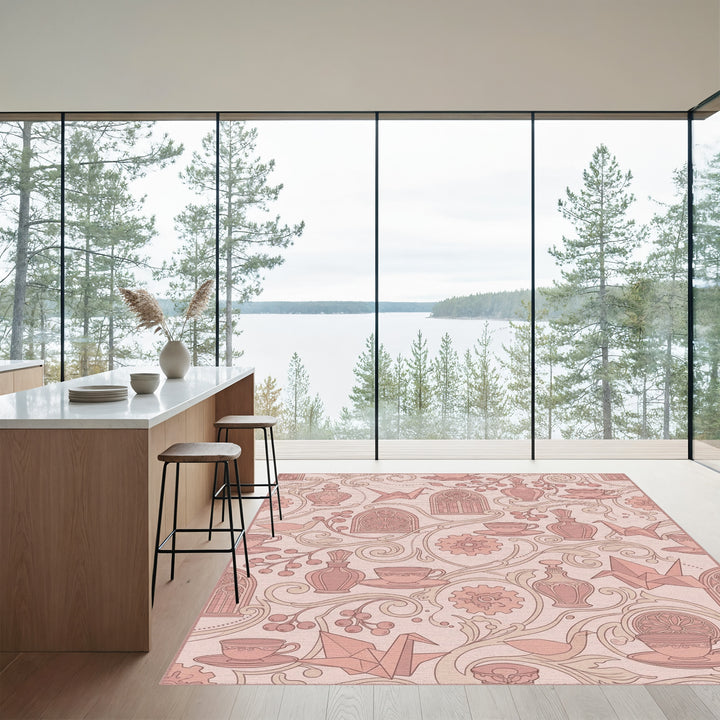 Rosy Rose Geometric Curled Vine Rug