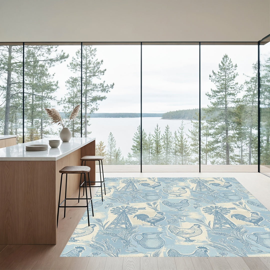 Farmhouse Blue Rooster Chicken Windmill Scene Rug