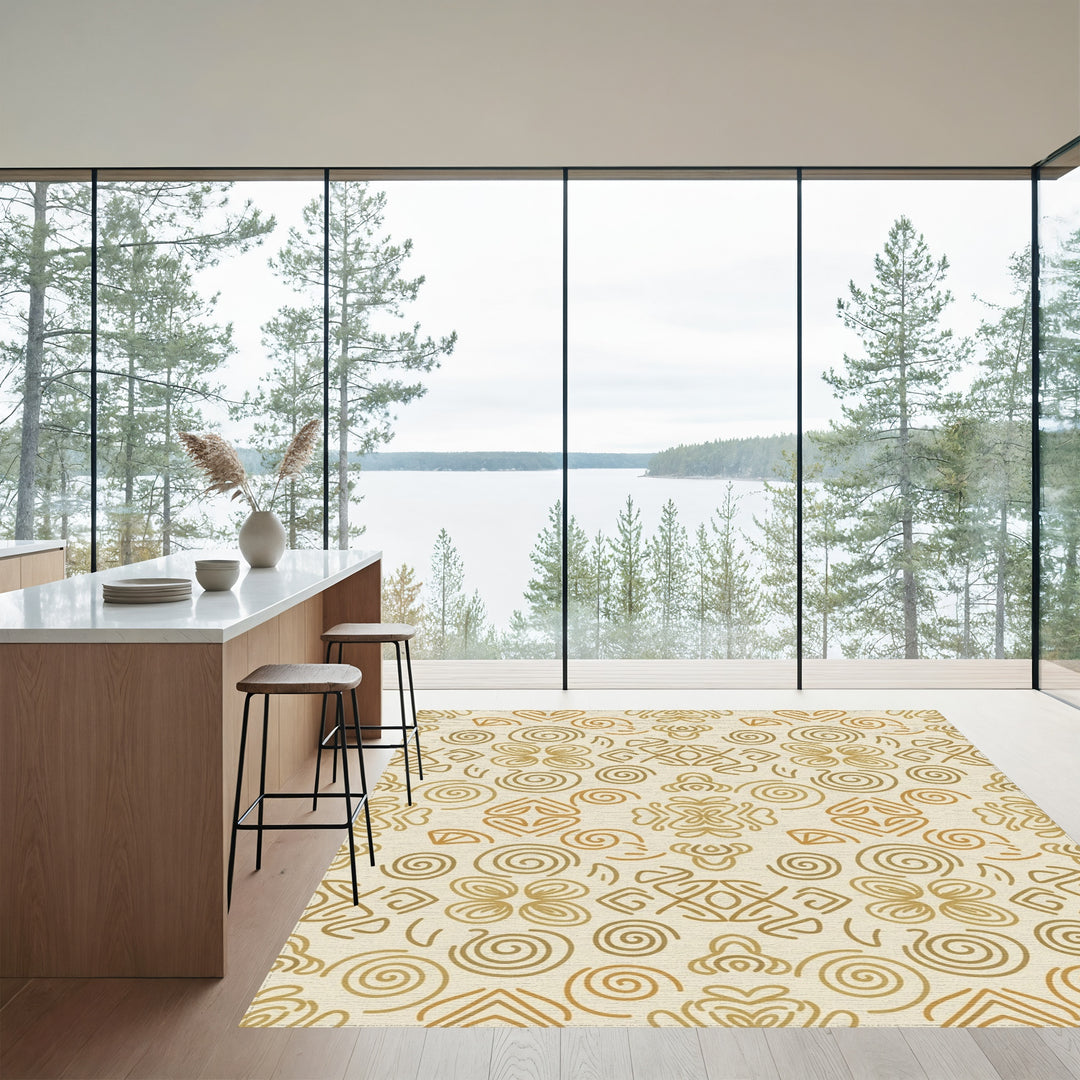 Golden Abstract Swirl and Bloom Rug