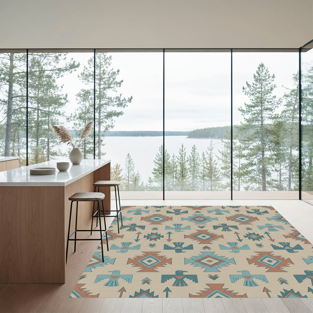 Terracotta Blue Thunderbird Geometric Rug