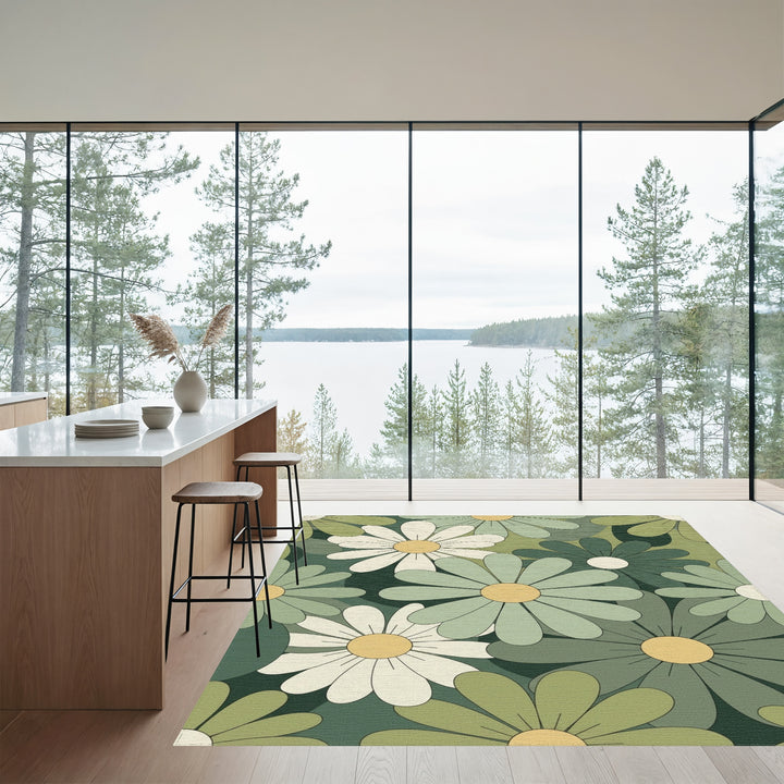 Retro Daisy Meadow Green Floral Rug