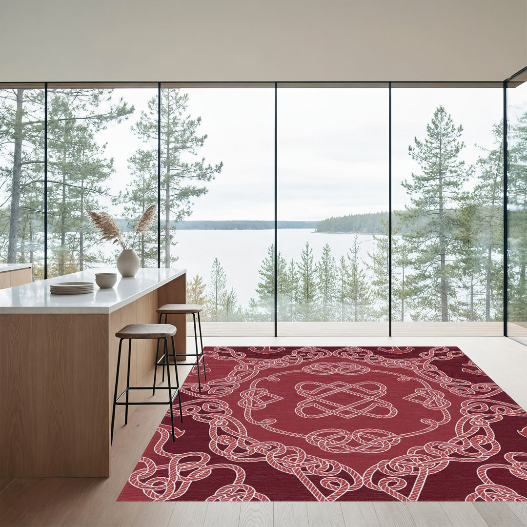 Crimson Nautical Rope Mandala Rug