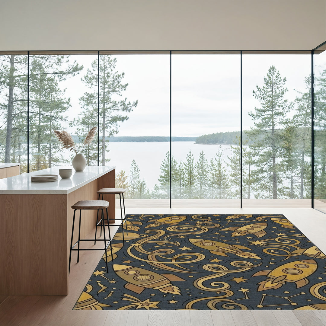 Golden Rockets Swirling Cosmic Nebula Rug