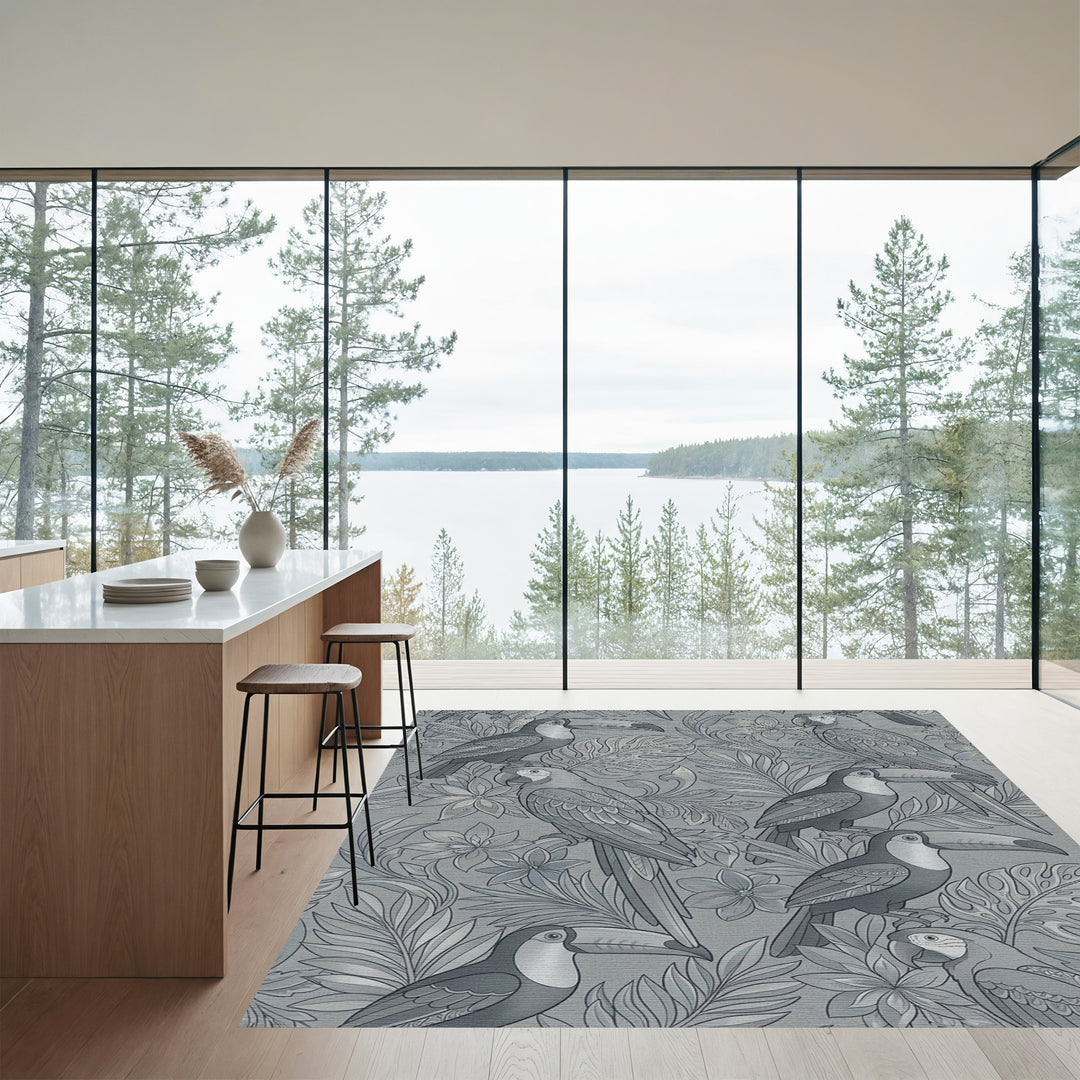 Charcoal Gray Tropical Birds Wallpaper Rug