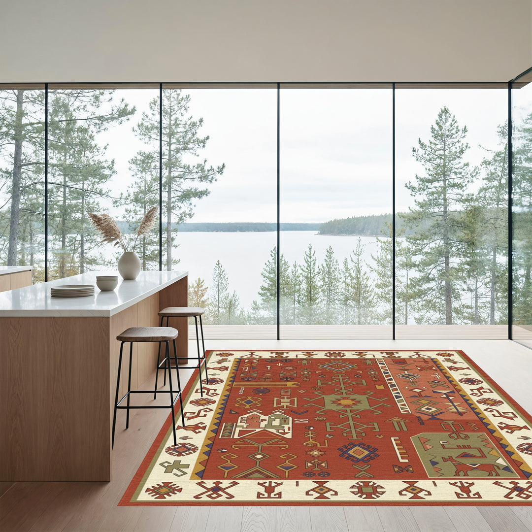 Rustic Red Geometric Cultural Allegory Rug