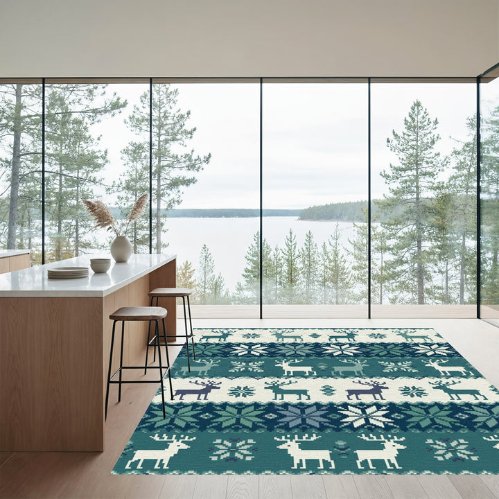 Nordic Teal Deer Snowflake Knit Rug