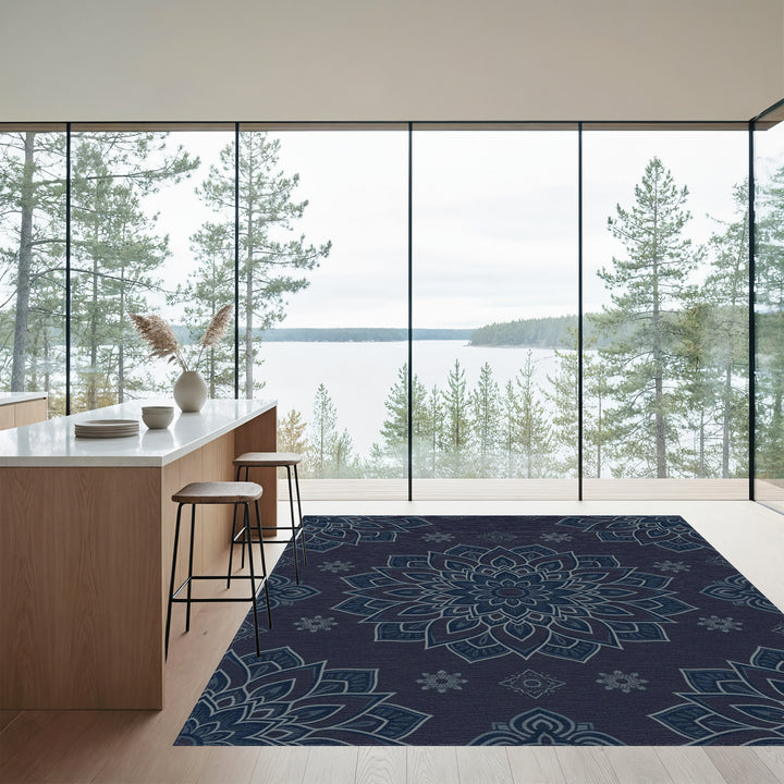Navy Blue Floral Mandala Rug