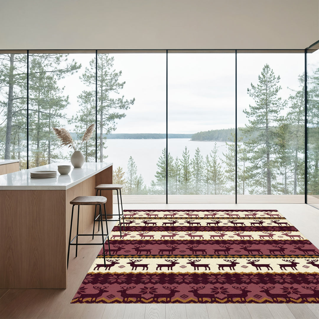 Warm Burgundy Reindeer Nordic Stripe Rug