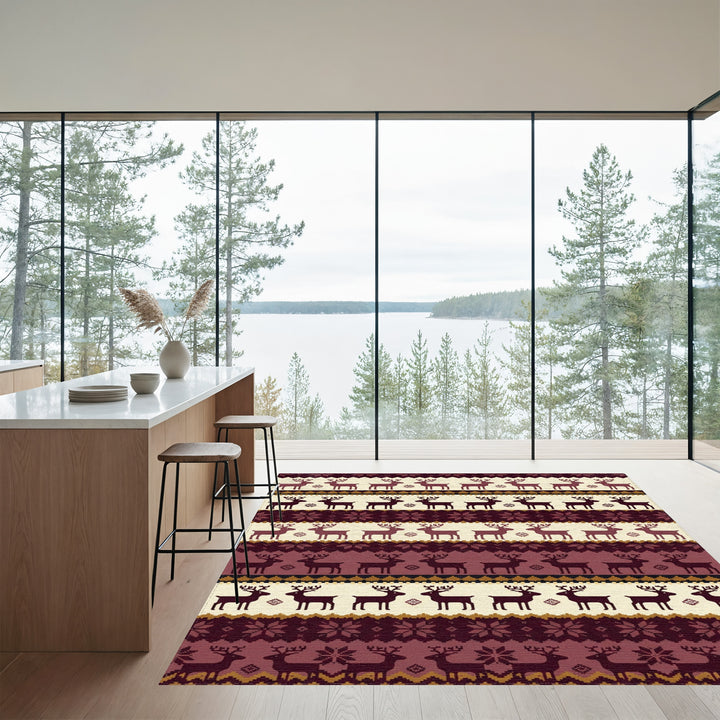 Warm Burgundy Reindeer Nordic Stripe Rug
