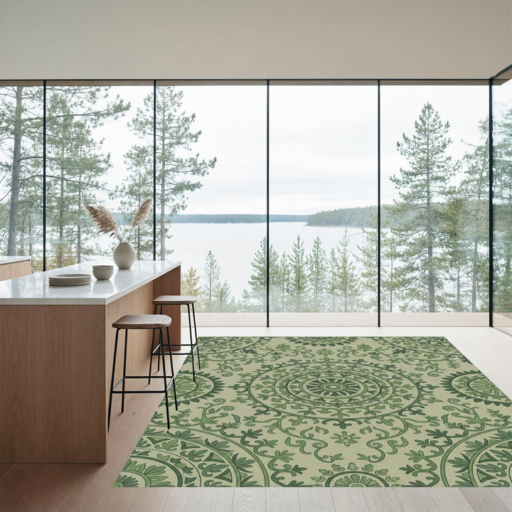 Sage Green Medallion Floral Vines Rug