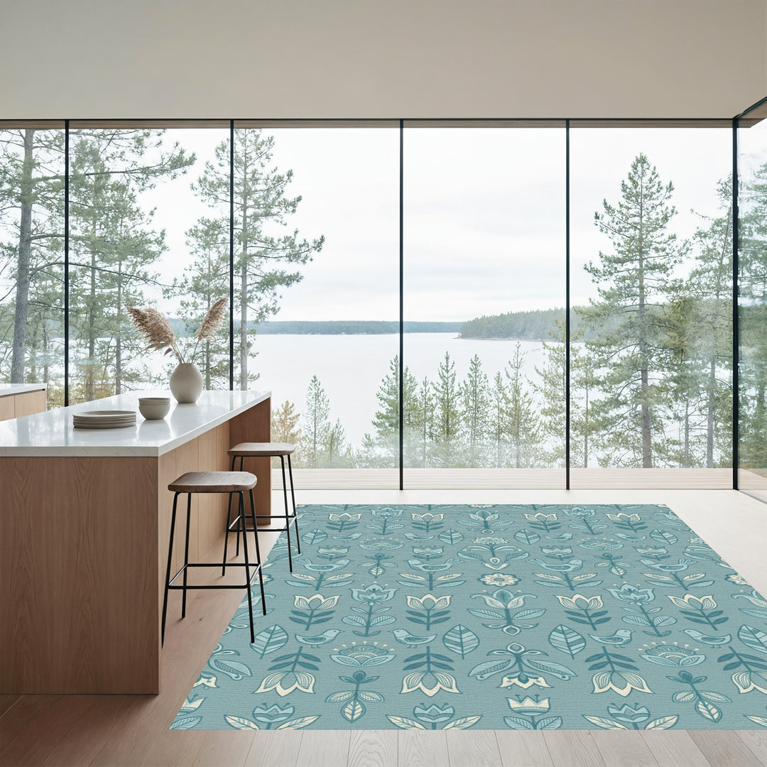 Serene Blue Folk Art Floral Bird Rug