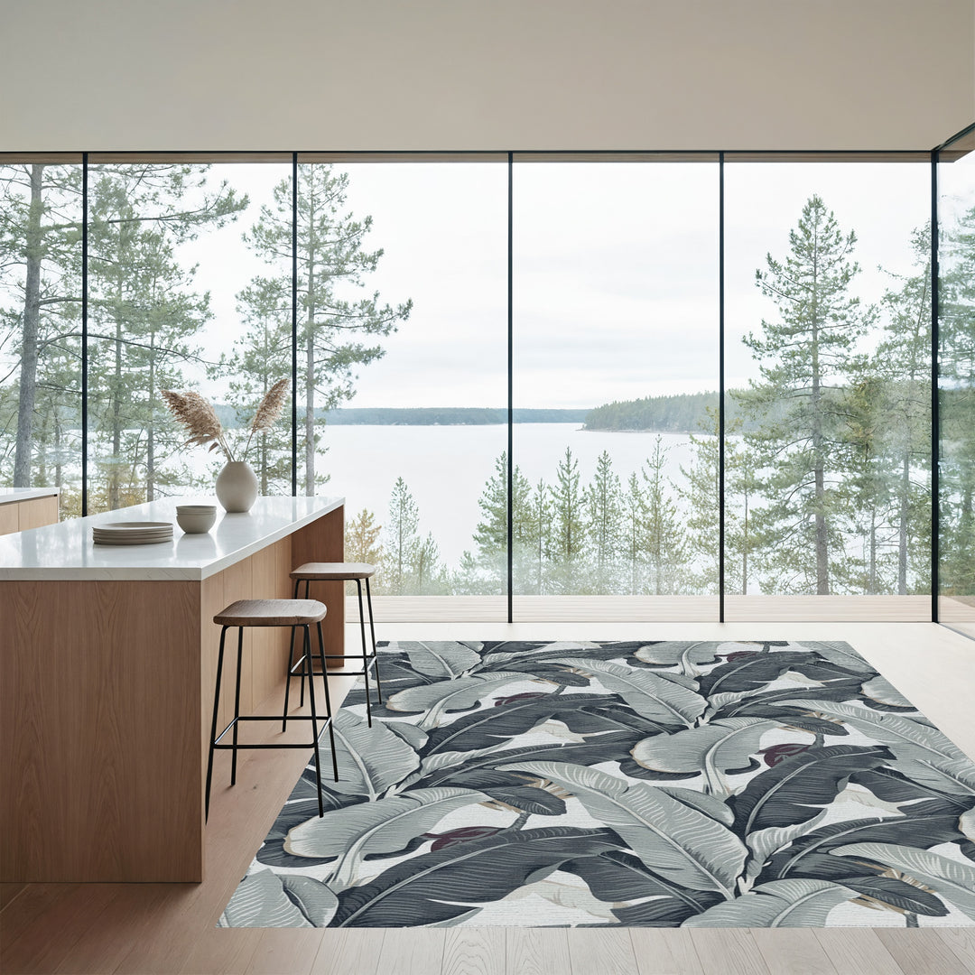 Monochrome Tropical Banana Leaf Lush Rug