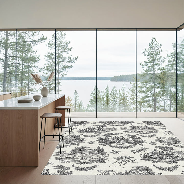 Vintage Romantic Scene Black and White Rug