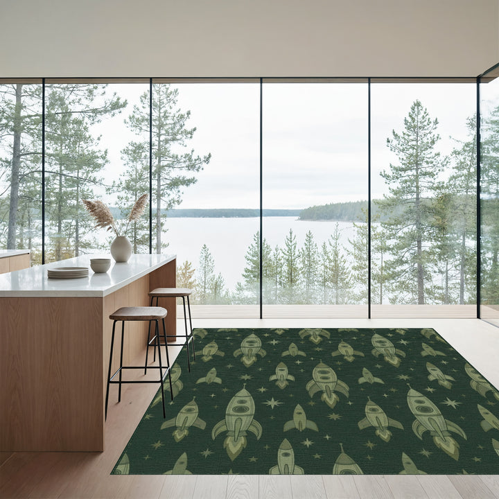 Retro Green Rocket Starburst Print Rug