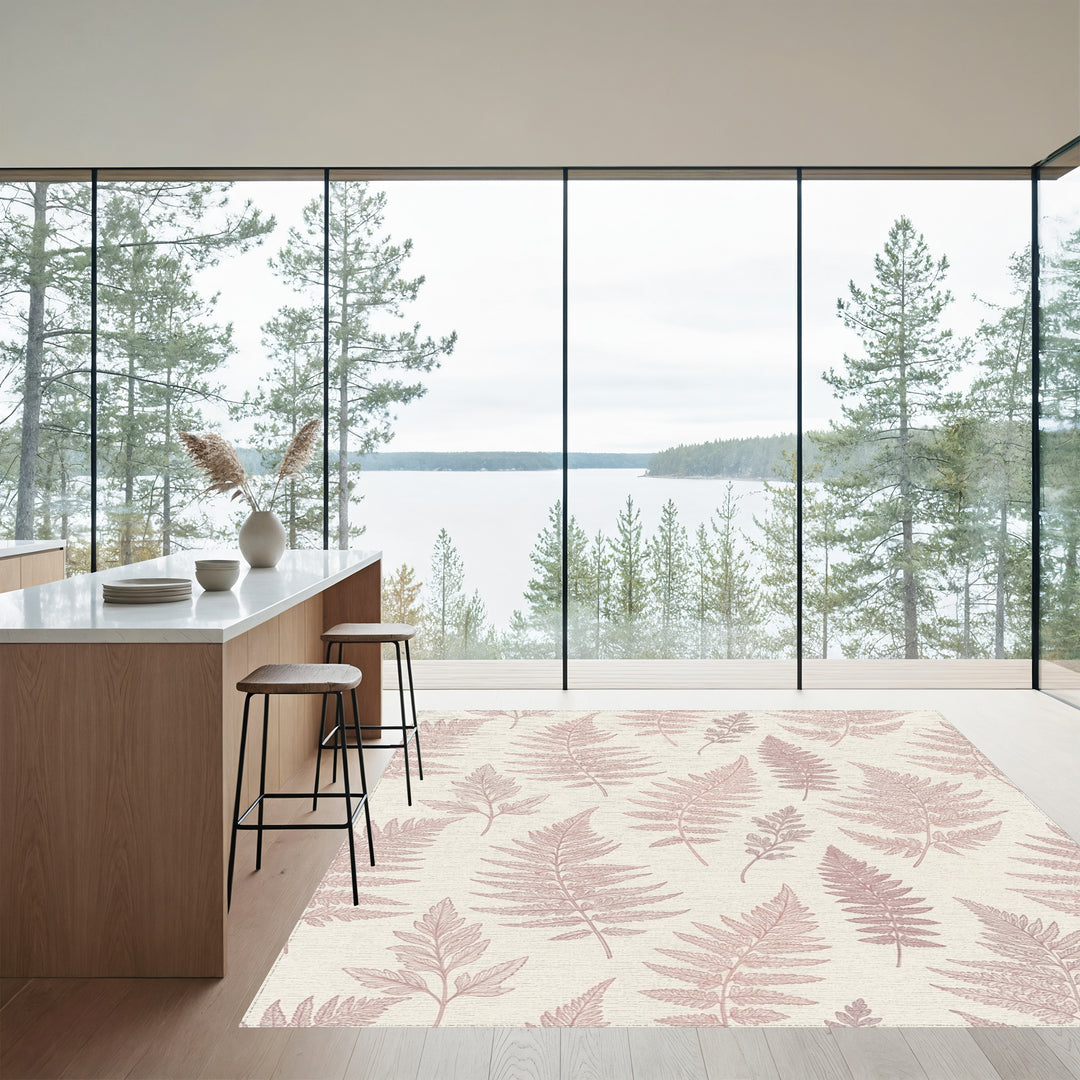 Pale Rose Fern Botanical Collage Rug