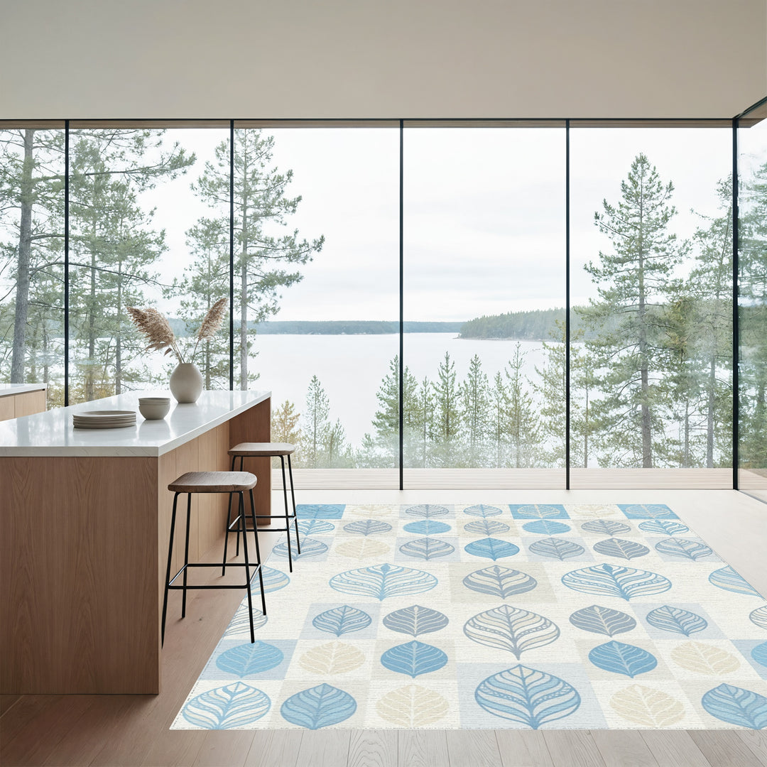 Soft Blue Leaf Botanical Squares Rug