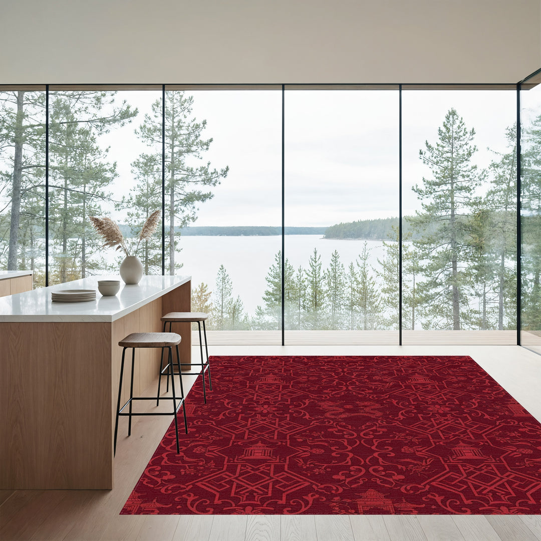 Deep Red Dragon Temple Lattice Rug