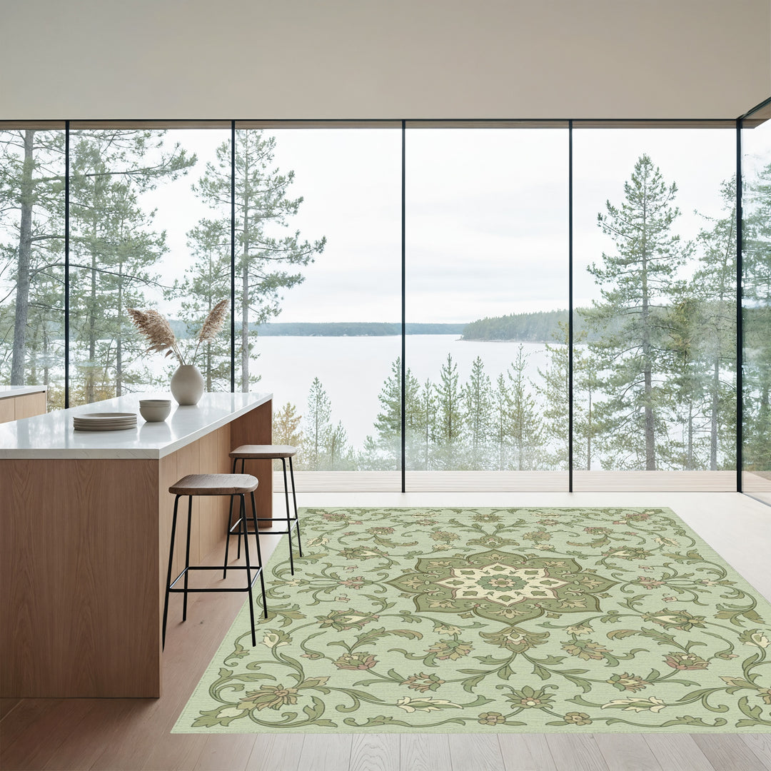 Pale Green Floral Medallion Vine Rug