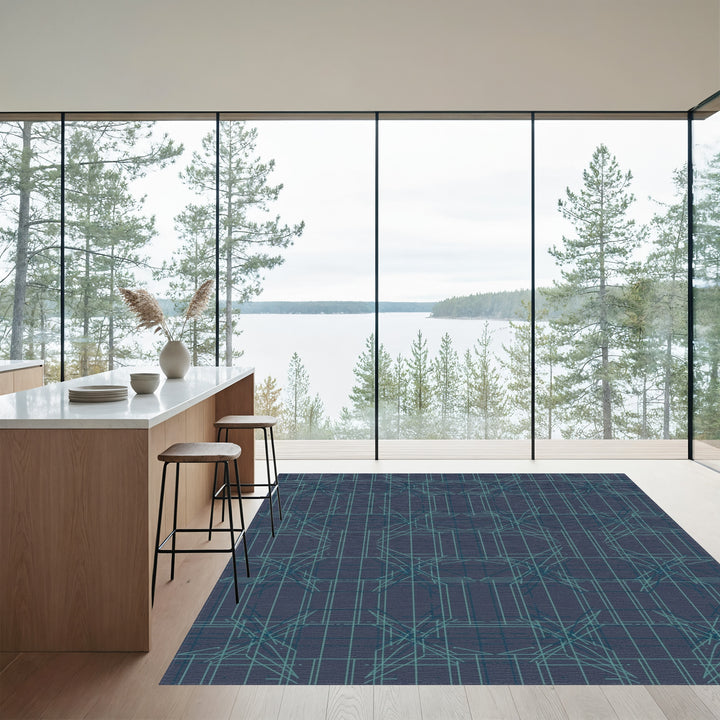 Dark Teal Geometric Octagon Intersecting Grid Rug