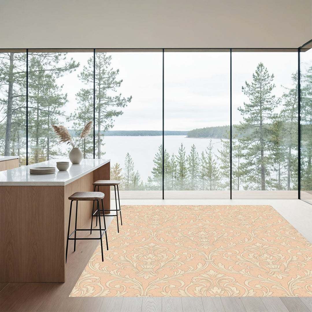 Pale Peach Damask Scrollwork Rug
