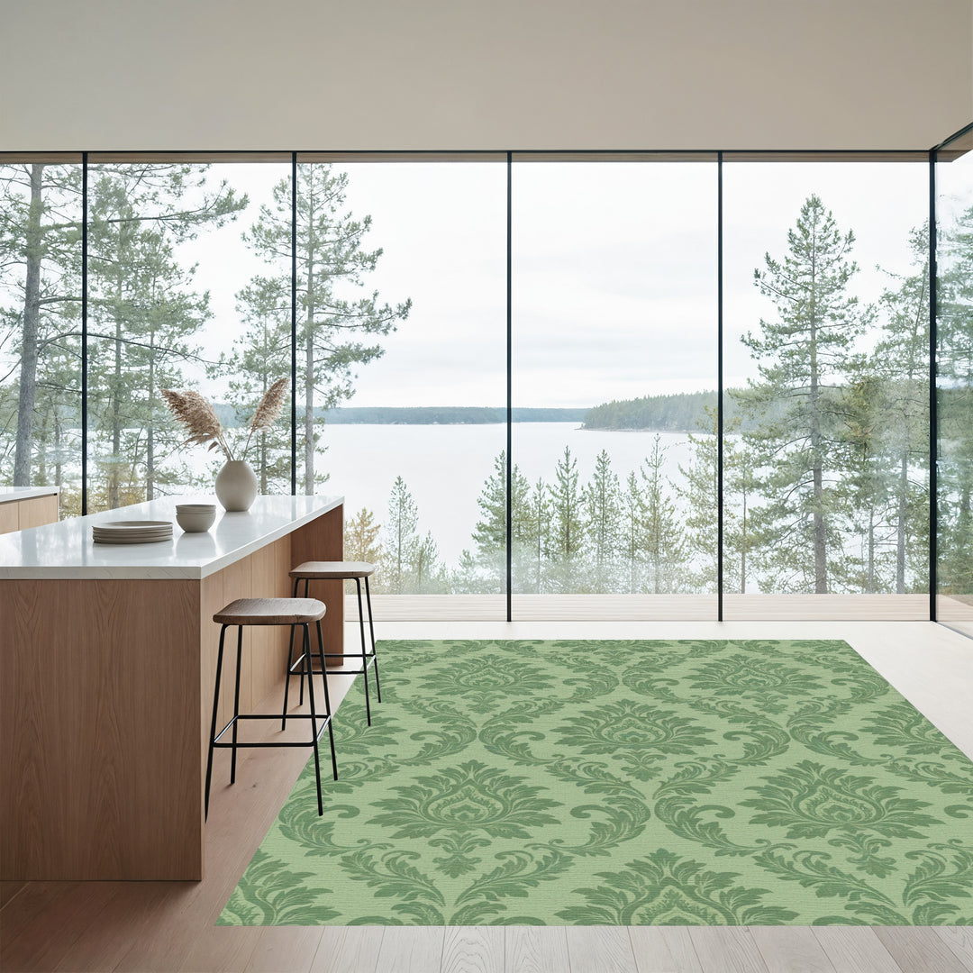 Forest Green Damask Scroll Rug