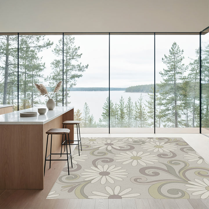 Retro Daisy Swirl Taupe Floral Rug